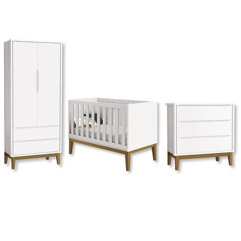 Quarto de Bebê Berço + Cômoda + Guarda Roupa Branco Classic:pés em Madeira