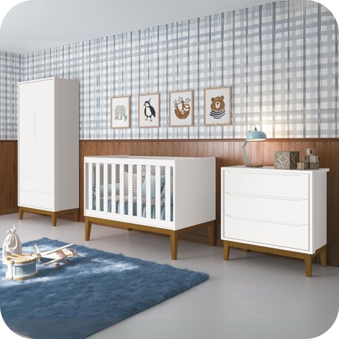 Quarto de Bebê Berço + Cômoda + Guarda Roupa Branco Classic Pés em Madeira