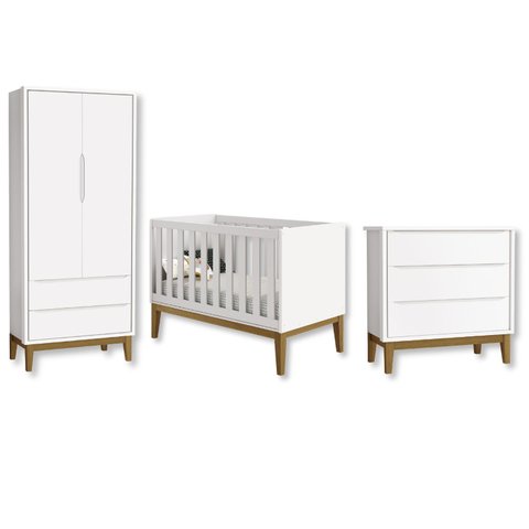 Quarto de Bebê Berço + Cômoda + Guarda Roupa Branco Classic Pés em Madeira