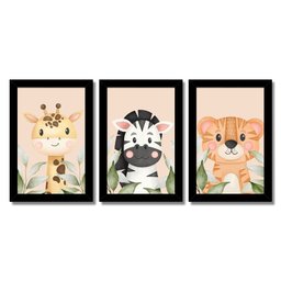 Kit 3 Quadros Safari Aquarela Infantil Quarto Vidro 20x30cm Arte na Arte Safari Aquarela com Vidro M - 1