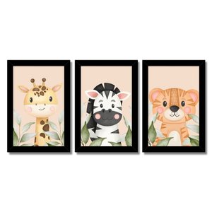 Kit 3 Quadros Safari Aquarela Infantil Quarto Vidro 20x30cm Arte na Arte Safari Aquarela com Vidro M
