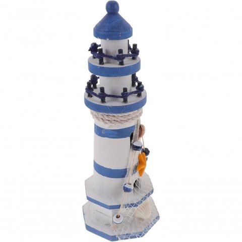 Farol Enfeite Decorativo Náutica Oceano Branco e Azul 30cm