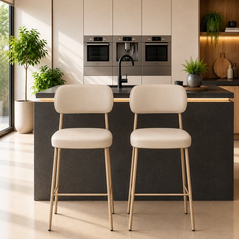 Kit 2 Banquetas Cozinha Alta 98cm Industrial Camila Aço Dourado com Encosto Off White