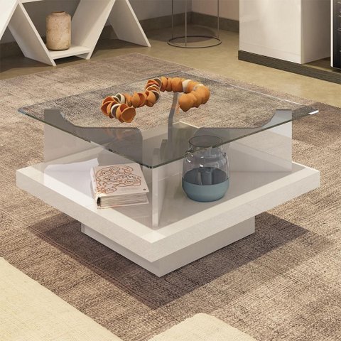 Mesa de Centro para Sala de Estar Quadrada Tampo de Vidro 70cm Cleo A05 Off White - Lyam Decor