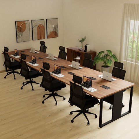 Mesa Escritório Plataforma 10 Lugares 6 M Pé Metal Nog Pr F5 Cor:nogal com Preto