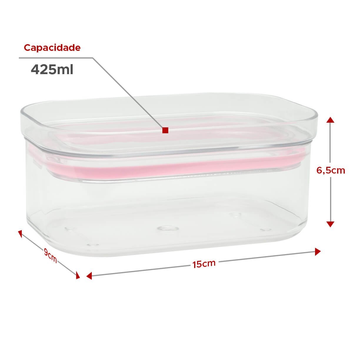 Kit com 3 Potes Herméticos Empilháveis Transparentes 425ml:Rosa - 3