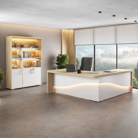 Conjunto Escritório Artany: Mesa Supreme e Estante c/ LED
