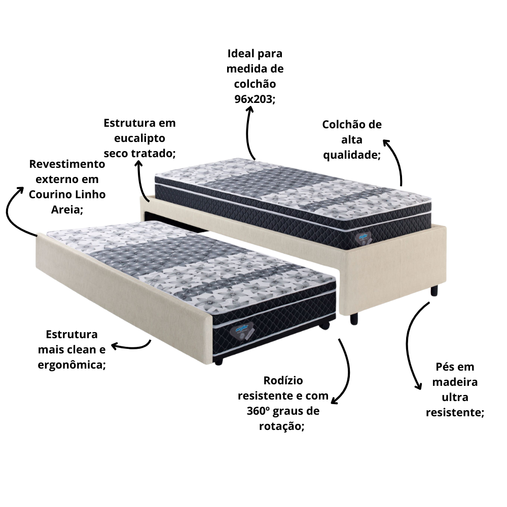 Bicama Box Solteirão Courino Linho Areia 96x203 com Dois Colchões Gransleep Molas Verticoil Ecoflex - 6