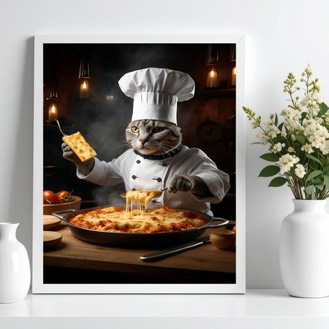 Quadro Gato na Cozinha - Chef 45x34cm:moldura Branca