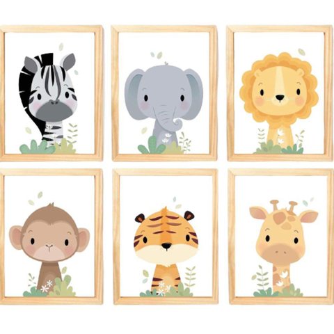 Quadro Infantil Safari 6 Un A4 Vidro e Pendurador