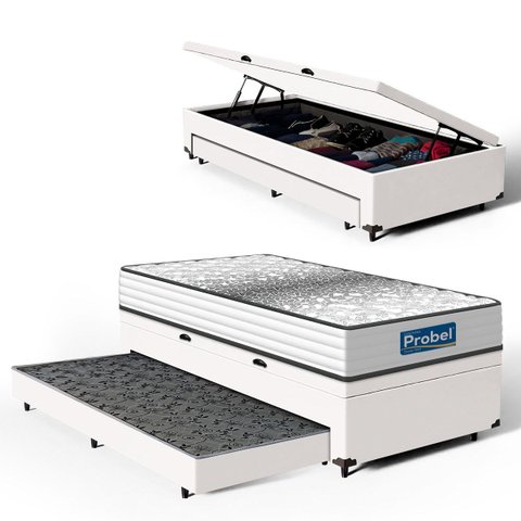 Cama Box Baú com Colchão de Molas Ensacadas Double Face Essence Probel + Auxiliar Solteiro 88cm