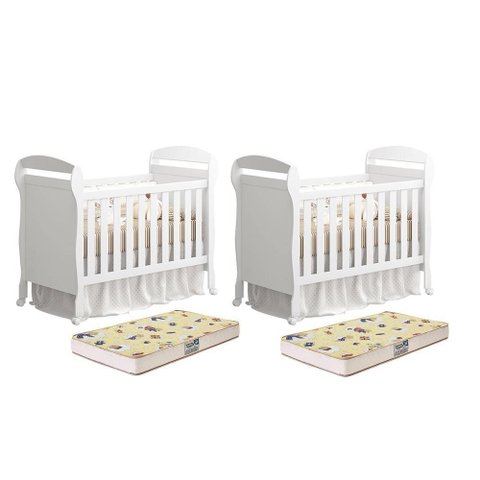 Kit Gêmeos Berço Mini Cama Danny Branco Fosco com Colchões Supreme - Reller Móveis