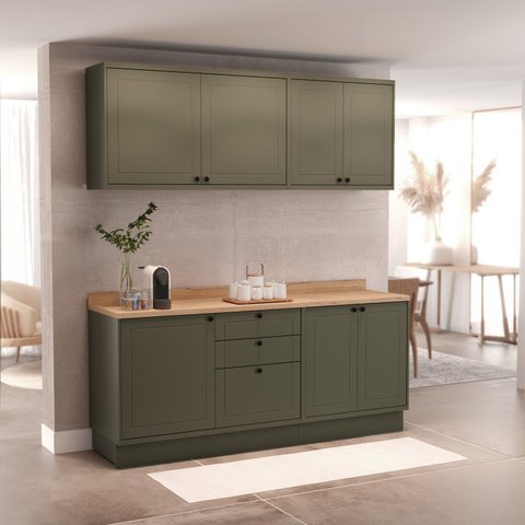 Cozinha Compacta Modulada 7 Portas 3 Gavetas 100% MDF Sevilha Verde/Hill