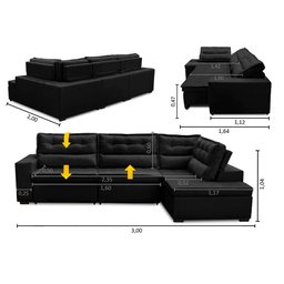 Sofá de Canto Retrátil e Reclinável com Molas LD 3,00x2,00m Viviane Suede Preto Madelina Decor - 2