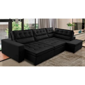 Sofá de Canto Retrátil e Reclinável com Molas LD 3,00x2,00m Viviane Suede Preto Madelina Decor