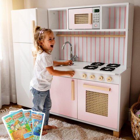 Cozinha Infantil Retro com Geladeira Kit Livro Educativo em Madeira - Rosa Bebê