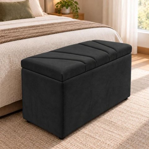 Calcadeira Recamier Baú Estofada 100cm para Cama Solteiro Suede Preto Imperio Decor