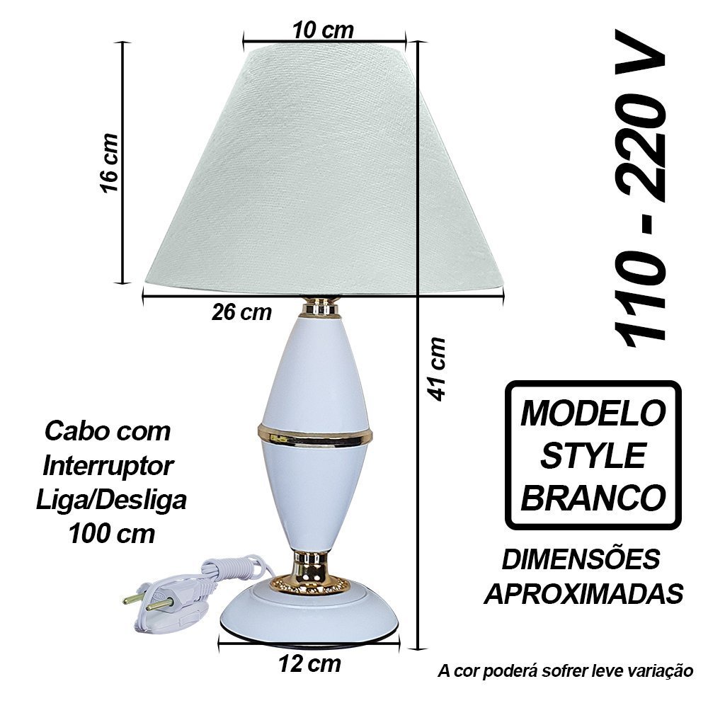 Abajur Clássico Style Quarto Sala Luminária Decoração – Branco Cúpula Branca - 2