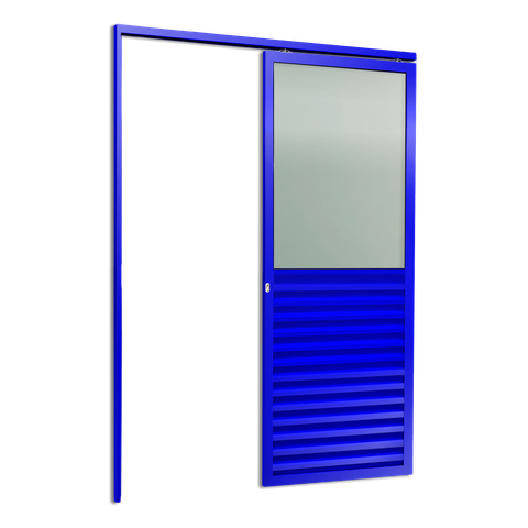 Porta de Correr Suspensa Meia Veneziana Meia Vidro Esq L.25 Azul 210x90 Brimak
