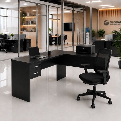Mesa de Escritório em L 120x60cm com 2 Gavetas + Cadeira de Escritório Ergonômica Reclinável