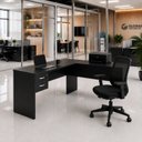 Ver imagem 1 de Mesa de Escritório em L 120x60cm com 2 Gavetas + Cadeira de Escritório Ergonômica Reclinável