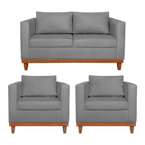 Kit Sofá 3 Lugares e 2 Poltronas Europa 180 cm Estilo Conforto e Elegância Suede Cinza - ADJ Decor