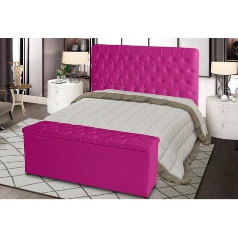 Kit Cabeceira de Cama Box e Calçadeira Baú Paris King 195 Cm 195 X126 Capitonê Courino Rosa Pink Eli