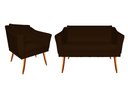 Ver imagem 1 de Kit Namoradeira + 1 Poltrona Decorativa Agatha Couro Marrom Pés Madeira Mz Decor