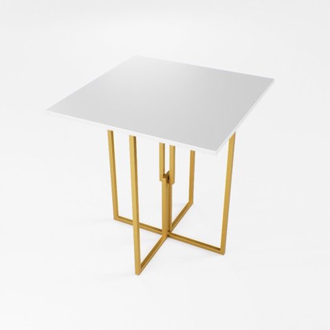 Mesa Quadrada Industrial 70cm Dourada Tampo Madeira Branco Don Castro Decor Industrial Premium
