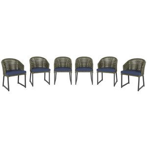 6 Cadeira Noronha Aluminio Micro Pintura Preta, Tr. Telinha Corda Nautica Verde Militar, Estofado -