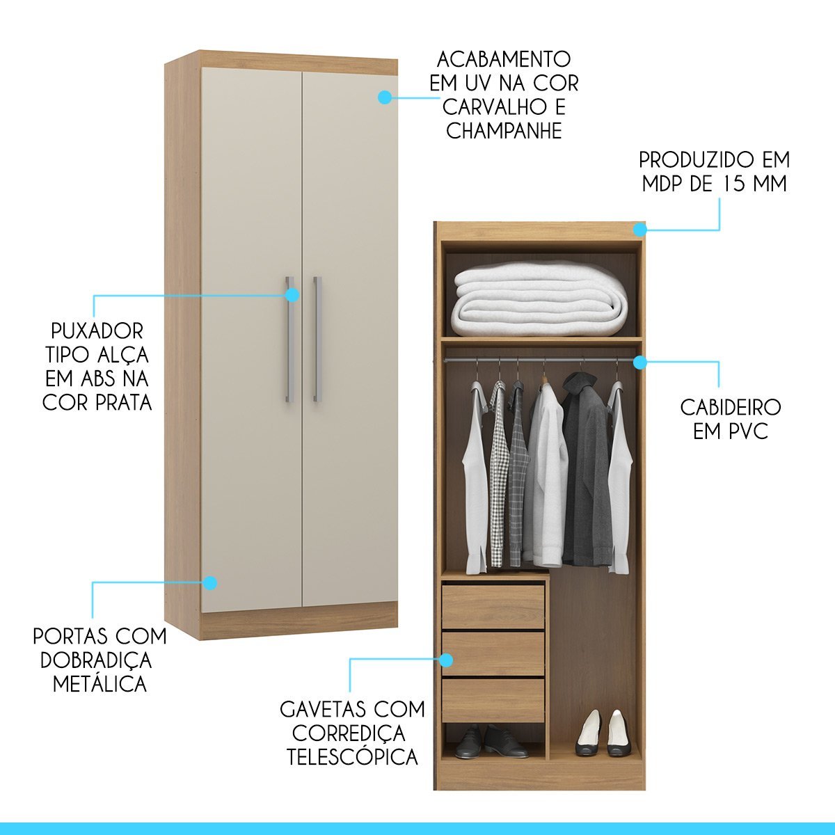 Armário 2 Portas Guarda Roupa Modulado Selene 80x218 Cm Mdp Carvalho 6005 Menu - 2