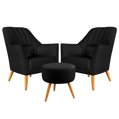 Kit 2 Poltronas Orion Bordada com Puff Solar Courino Preto Aradecor
