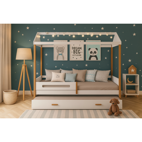 Cama Sara com Auxiliar e Luzes em Led - Pés em Madeira