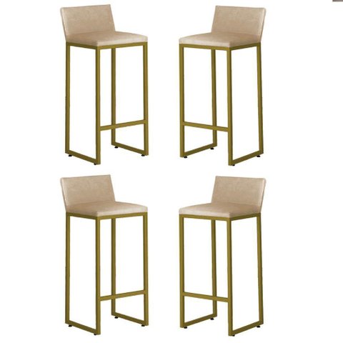 Kit 4 Banquetas Altas Luxo Dani com Encosto Base Dourada Cor:bege