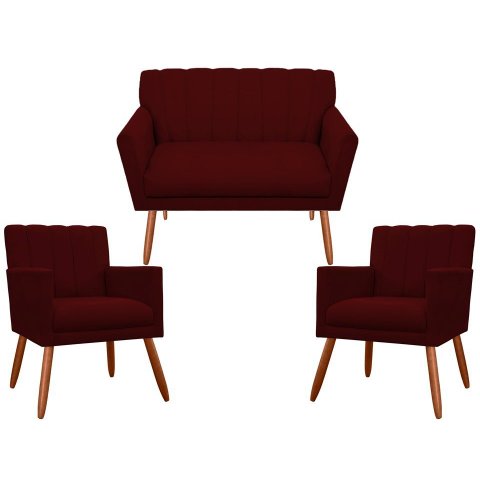 Kit Namoradeira + 2 Poltronas Decorativa Cecília Suede Marsala Pés Madeira Mz Decor