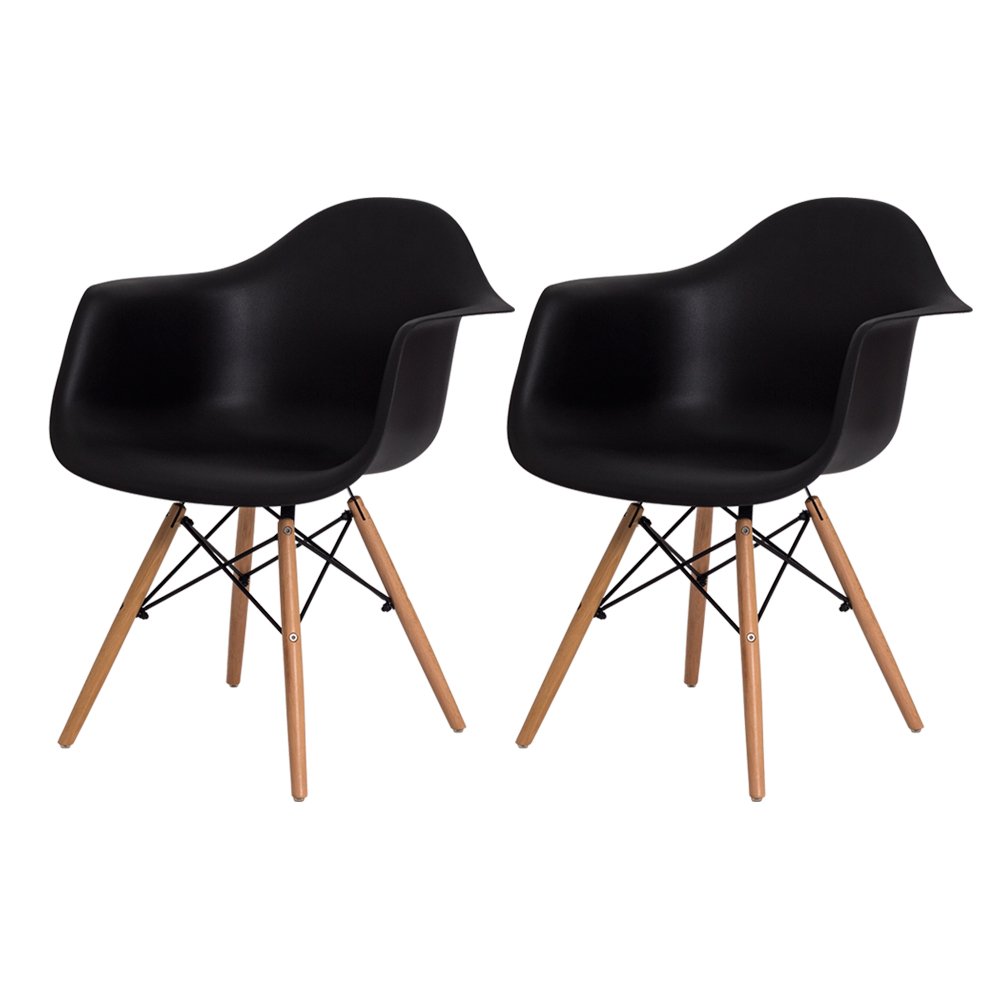 Kit 2 Cadeiras Eames Eiffel Base Wood com Braço - Preto - ArtIluminação