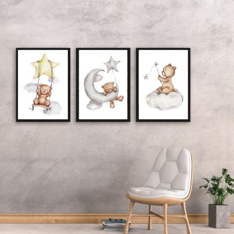 Kit 3 Quadros para Quarto de Bebê Ursinhos 33x24cm:madeira Branca