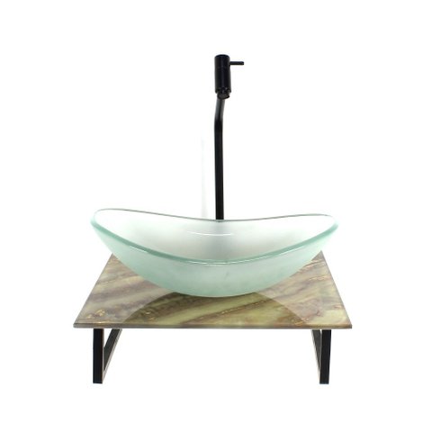 Gabinete de Vidro com Cuba Oval Jateada com Tampo de Vidro 40cm X 40cm Mármore Marfim