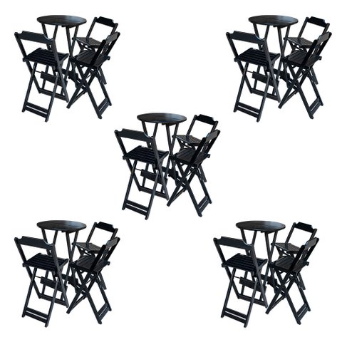 Kit 5 Jogos de Mesa Bistrô de Madeira Dobrável com 3 Banquetas - Preto