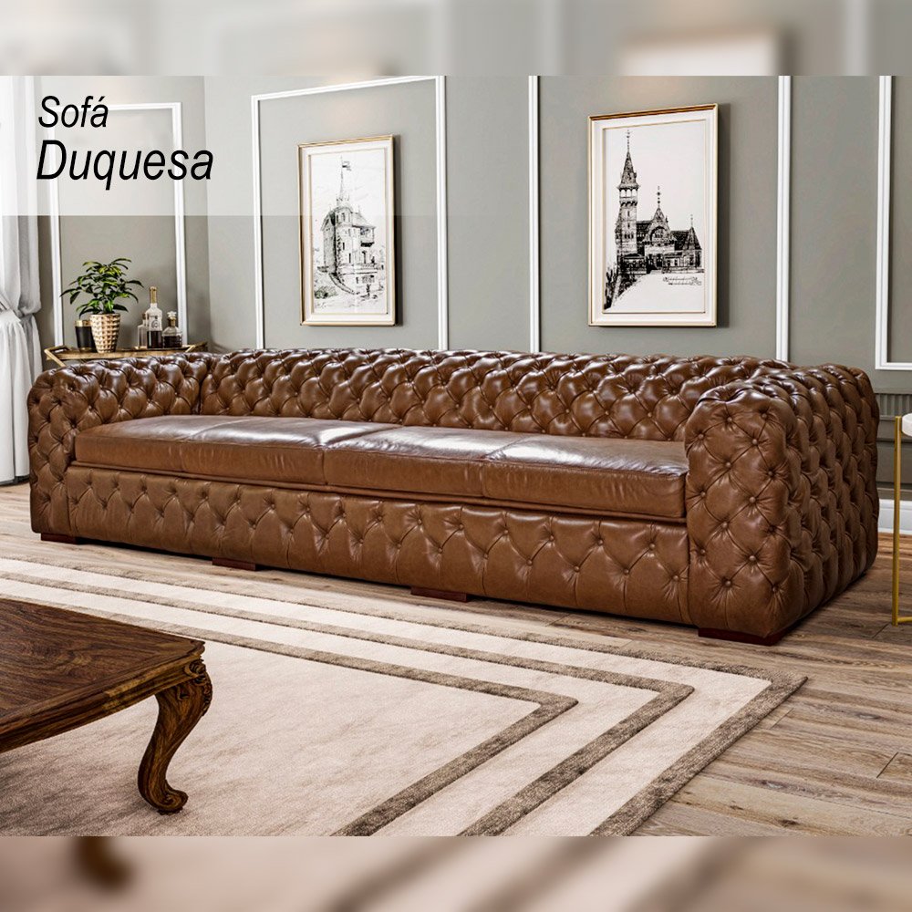 Sofá Decorativo Sala de Estar 4 Lugares 240cm Duquesa Couro Conhaque - Mozzelar