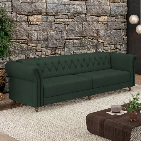 Sofá Living Sala de Estar Stanford Chesterfield 3 Lugares 260cm Pés de Madeira Couro Verde G58 - Gra
