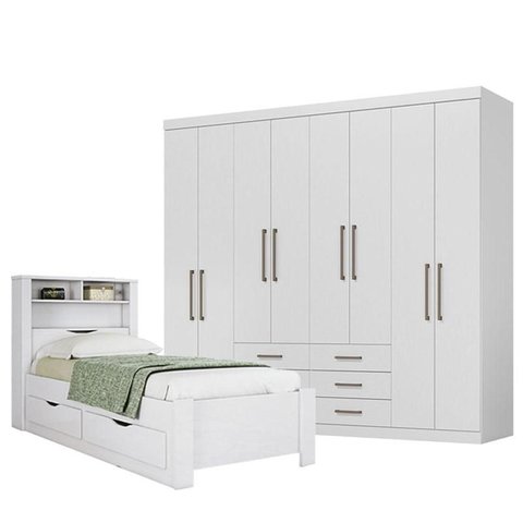 Cama Solteiro com Gavetas Invicta com Guarda Roupa Master 8 Portas 6 Gavetas Branco Brilho - Santos 