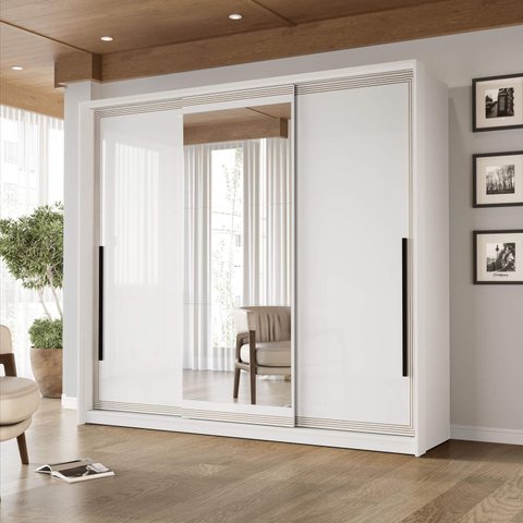 Guarda Roupa Casal 220cm 3 Portas de Correr com Espelho 240854 Valência Politorno Móveis