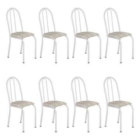 Kit 8 Cadeiras de Cozinha Califórnia Estampado Rattan Bege Pés de Ferro Branco - Pallazio