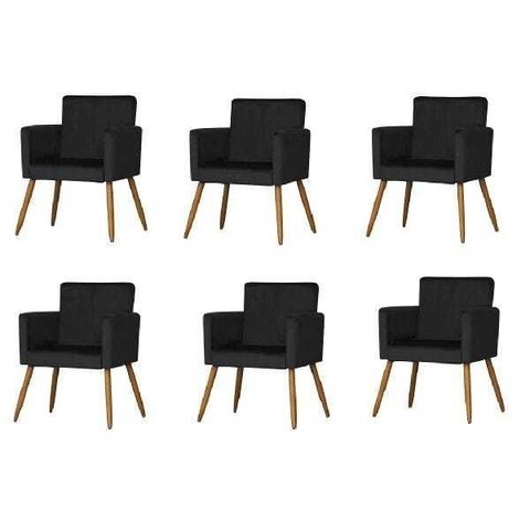 Kit 6 Poltrona Cadeira Decorativa Nina Suede Preto para Escritório Sala de Estar Recepção Quarto Pés