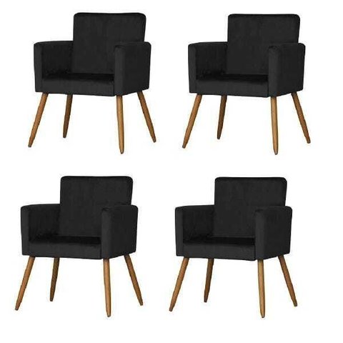 Kit 4 Poltrona Cadeira Decorativa Nina Suede Preto para Escritório Sala de Estar Recepção Quarto Pés