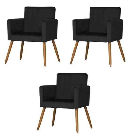 Kit 3 Poltrona Cadeira Decorativa Nina Suede Preto para Escritório Sala de Estar Recepção Quarto Pés