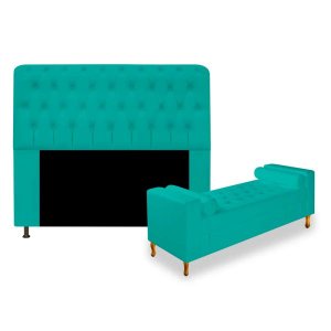 Kit Recamier Sofá Calçadeira Divã Félix 195cm e Cabeceira Estofada Lady 195cm para Cama Box King