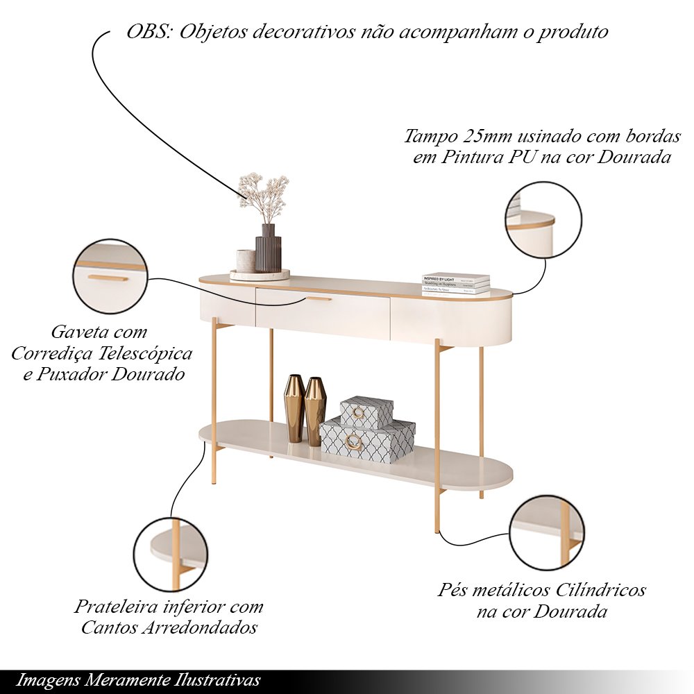 Aparador Decorativo Amanda 1 Gaveta e 1 Prateleira Pés Metálicos Dourados Off White G18 - Gran Belo - 3