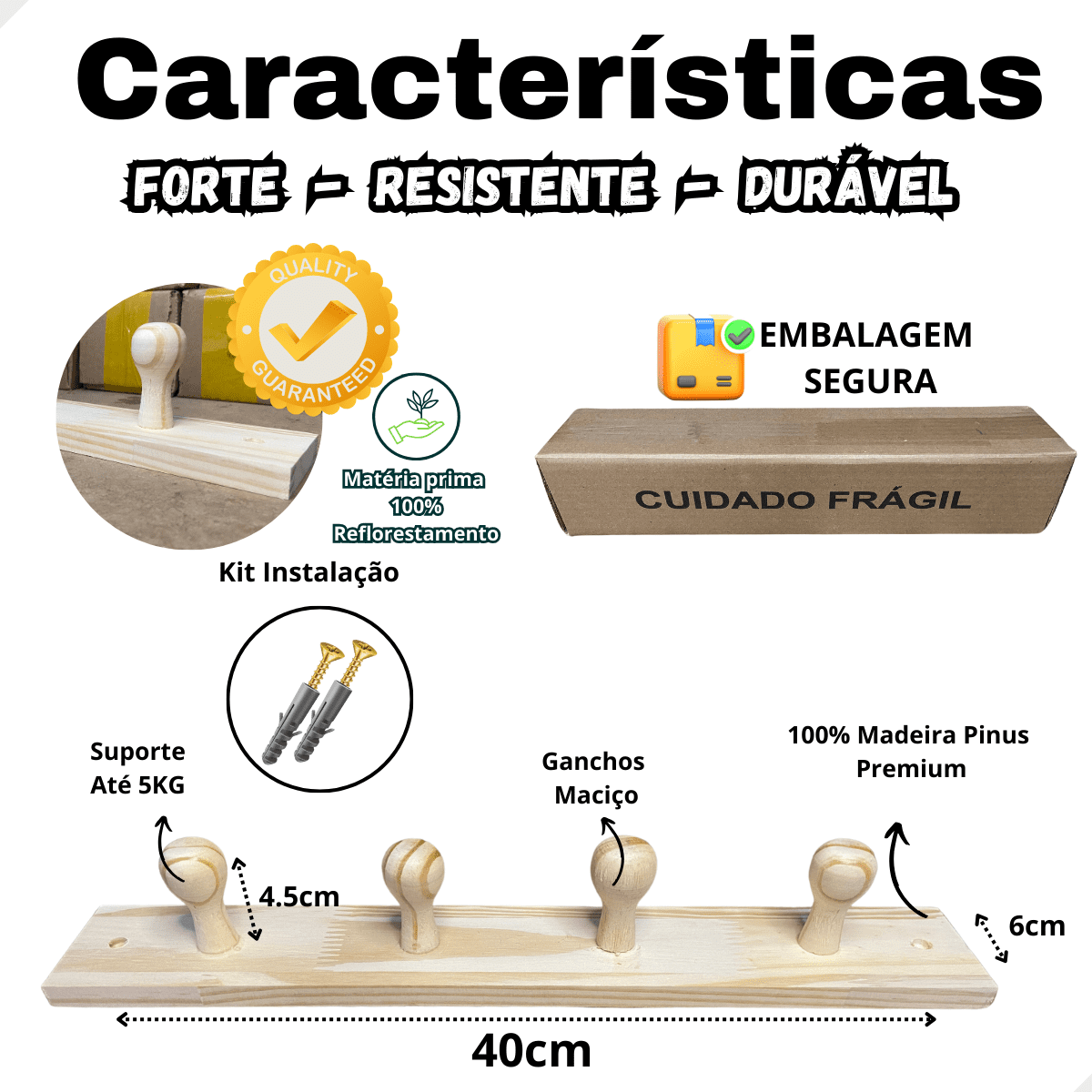 Kit 5 Cabideiro de Parede Organizador Madeira Maciça Rústico - 5